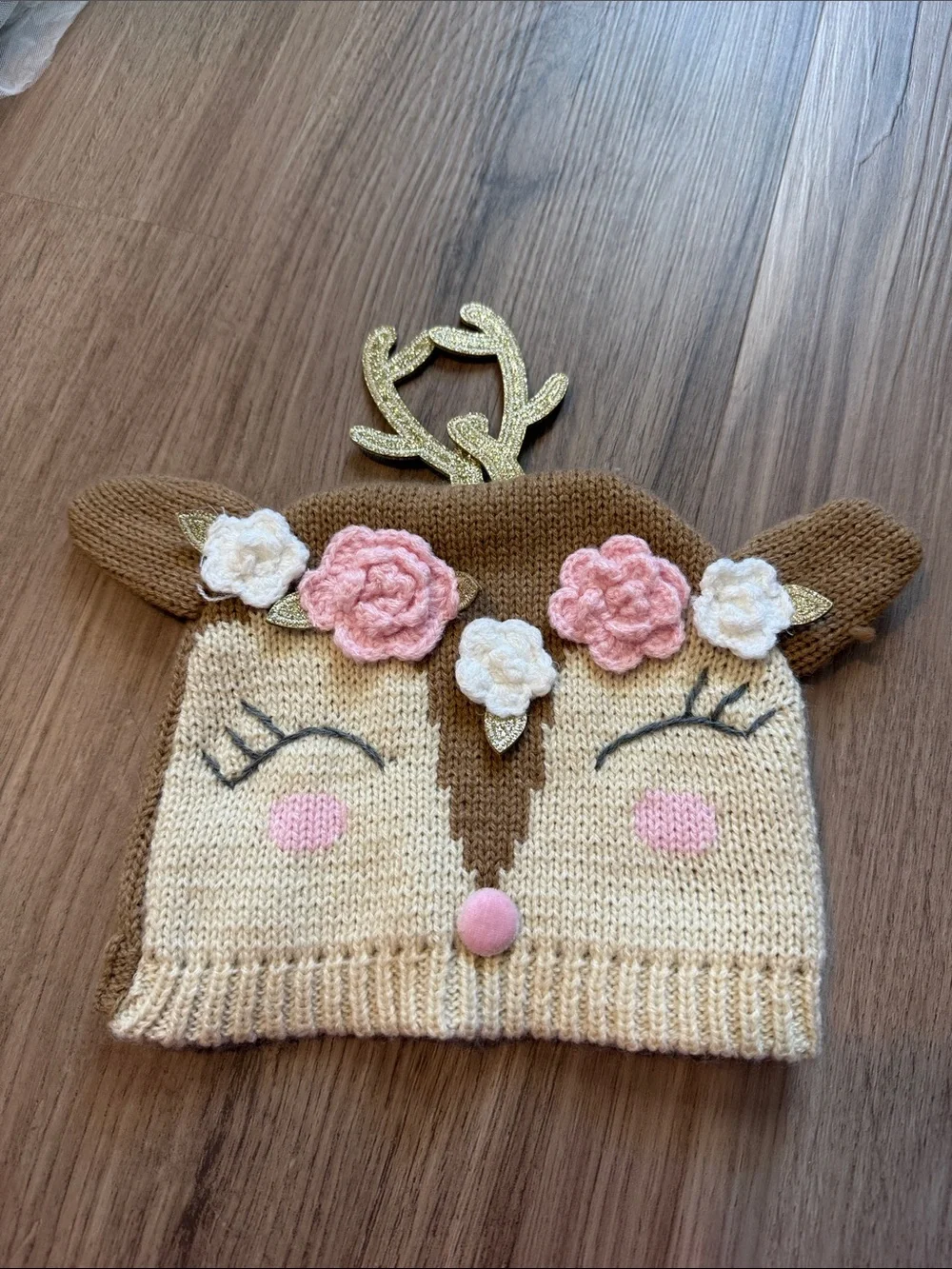 Mud Pie Brown Cream Pink Deer Knit Hat with Flowers and Gold Antlers